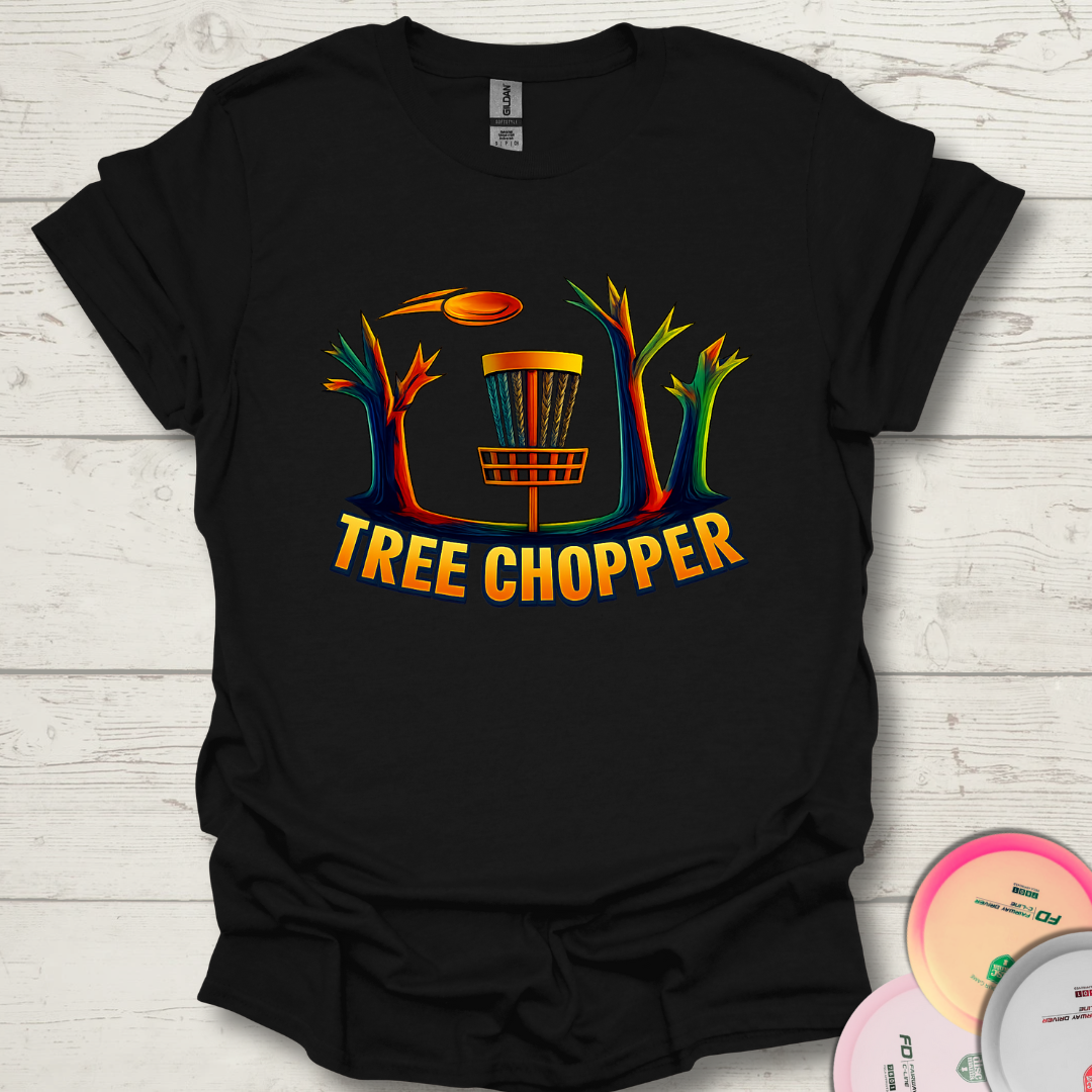 Close-up of Tree Chopper disc golf design with trees and basket. Funny tree hitting disc golf shirt in white with bright colors.