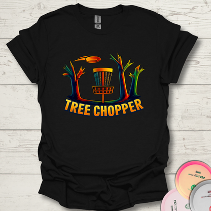 Close-up of Tree Chopper disc golf design with trees and basket. Funny tree hitting disc golf shirt in white with bright colors.